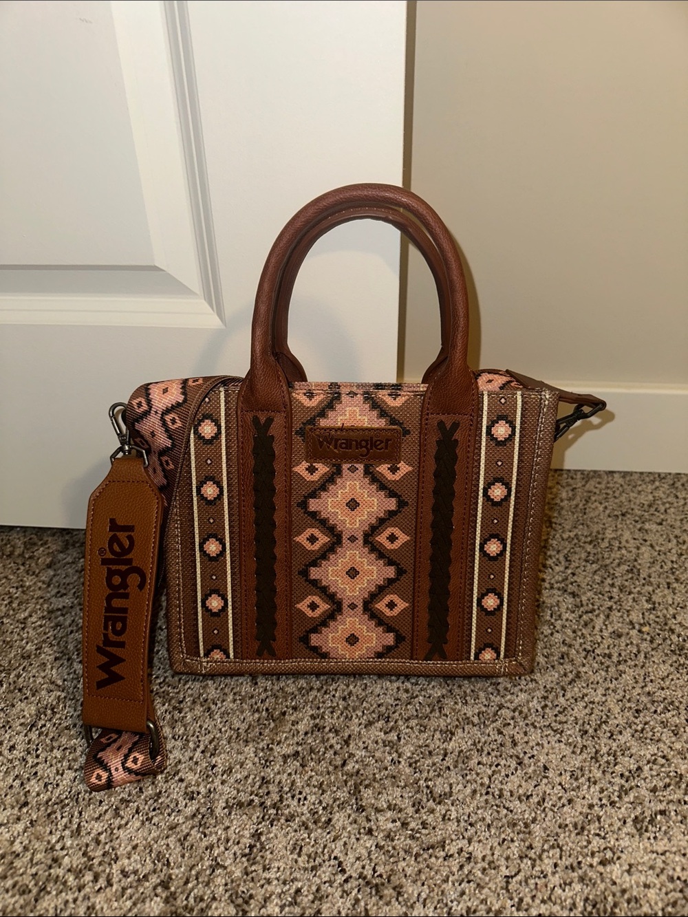 Wrangler Brown & Pink Aztec Satchel with Detachable Strap